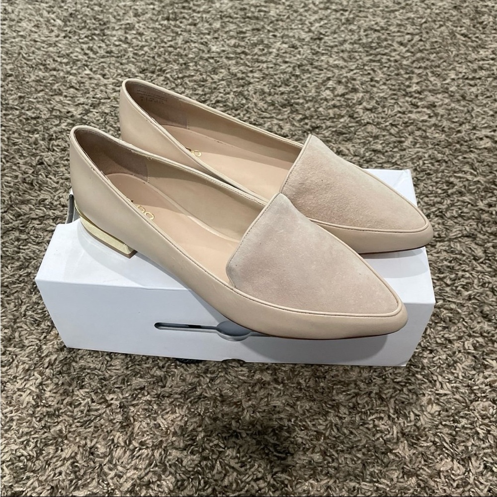 Aldo Nude Beige Pointed Toe Loafers with Gold Accent